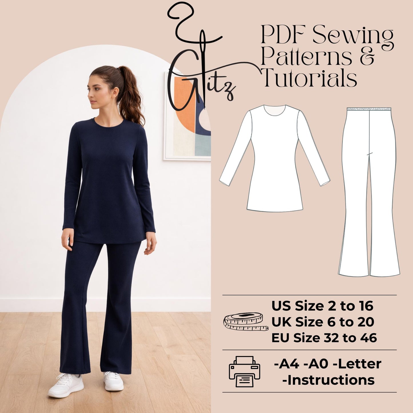 Women Two Piece Set , Loungewear Set Sewing Pattern, Long Sleeve + Wide Leg Pants, Easy Beginner Pattern