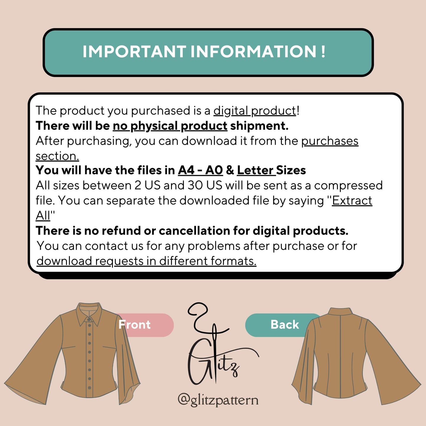 Flared Long Sleeve Basic Shirt Sewing Pattern Button Down Shirt Pattern Easy Shirt Pattern A0 - A4 - Letter US 2-30 Size