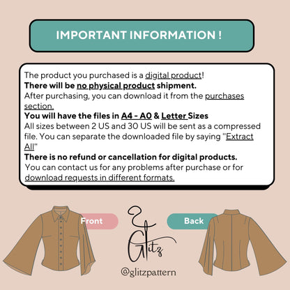 Flared Long Sleeve Basic Shirt Sewing Pattern Button Down Shirt Pattern Easy Shirt Pattern A0 - A4 - Letter US 2-30 Size