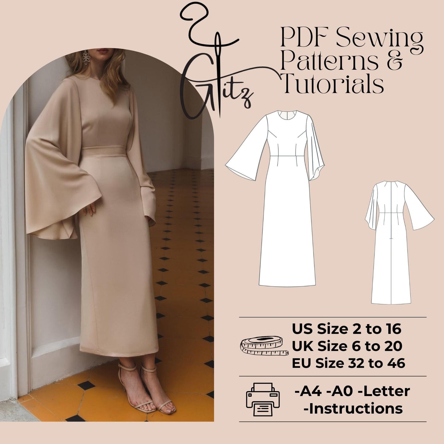 Long Flared Sleeve A Line Ankle Length Cocktail Dress Sewing Pattern Women Dress Pattern Evening Dress PDF