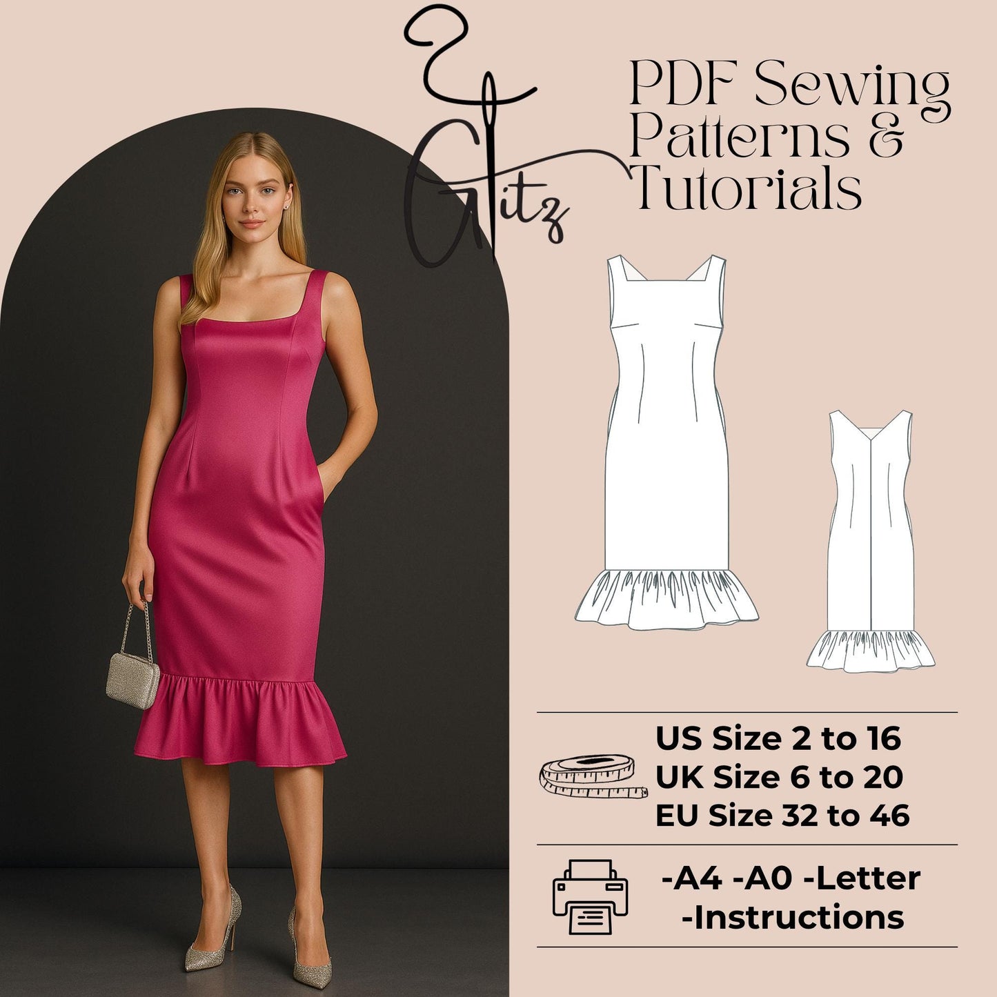 Pencil Cocktail Evening Dress Midi Satin Dress Sewing Pattern Ruffle Hem Dress