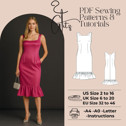 Pencil Cocktail Evening Dress Midi Satin Dress Sewing Pattern Ruffle Hem Dress