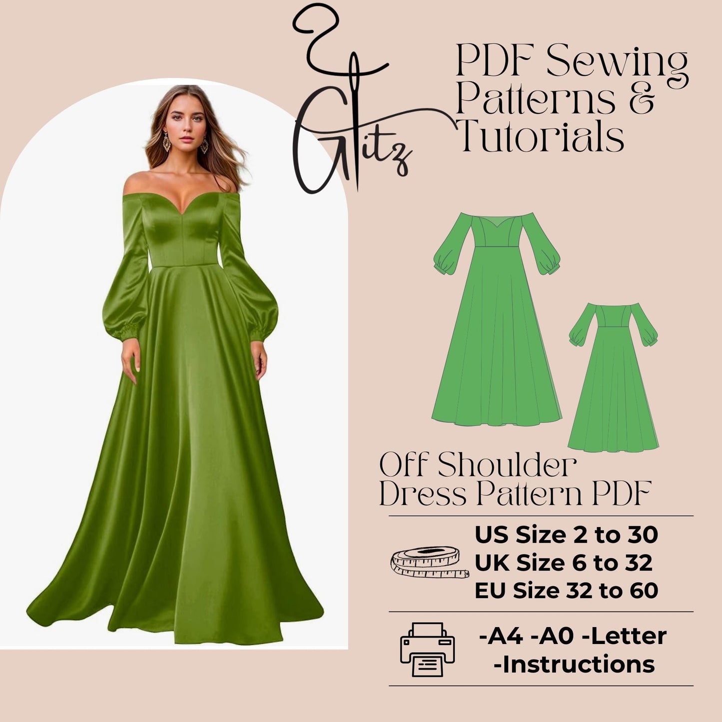 Ball Gown Off Shoulder Balloon Sleeve and Sweetheart Neck Dress Sewing Pattern PDF Digital Pattern Long Prom Dress