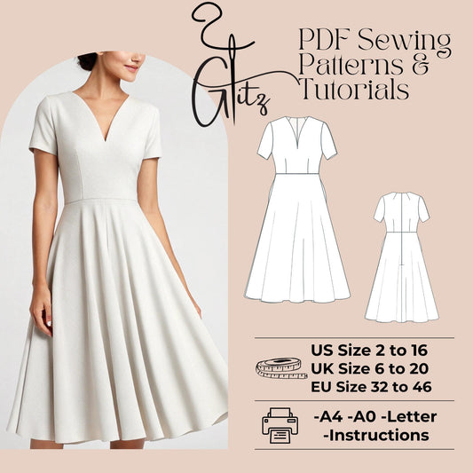 Short Sleeve V Neck Midi Prom Dress Digital Sewing Pattern Midi Cocktail Dress Summer Dresses