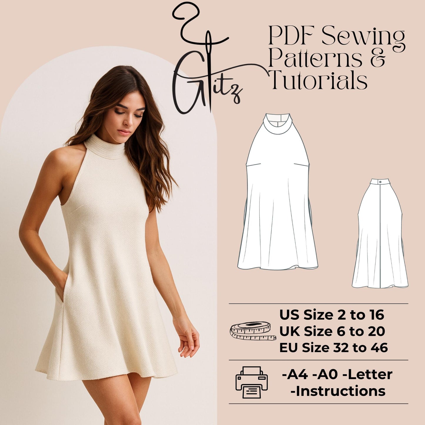 Halter Neck Mini Knits Dress Sewing Pattern Mini Dress Sewing Pattern Mini After Party Dress