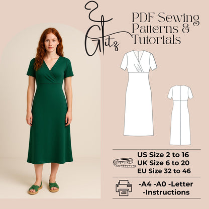 Surplice Neck Short Sleeve Basic Summer Dress Sewing Pattern Midi Casual Dress Pattern