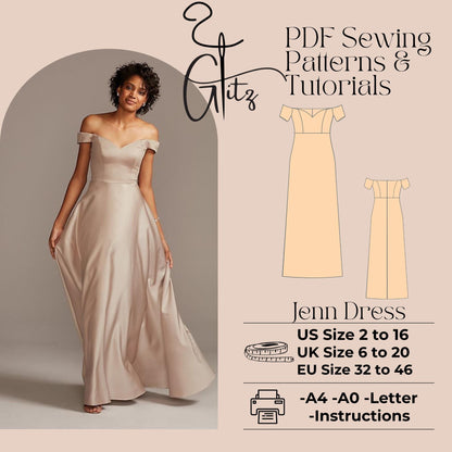 Satin Off Shoulder A Line Long Dress with Sweetheart Neckline – Formal & Cocktail Gown Dress Digital Sewing Pattern PDF Plus Size Pattern