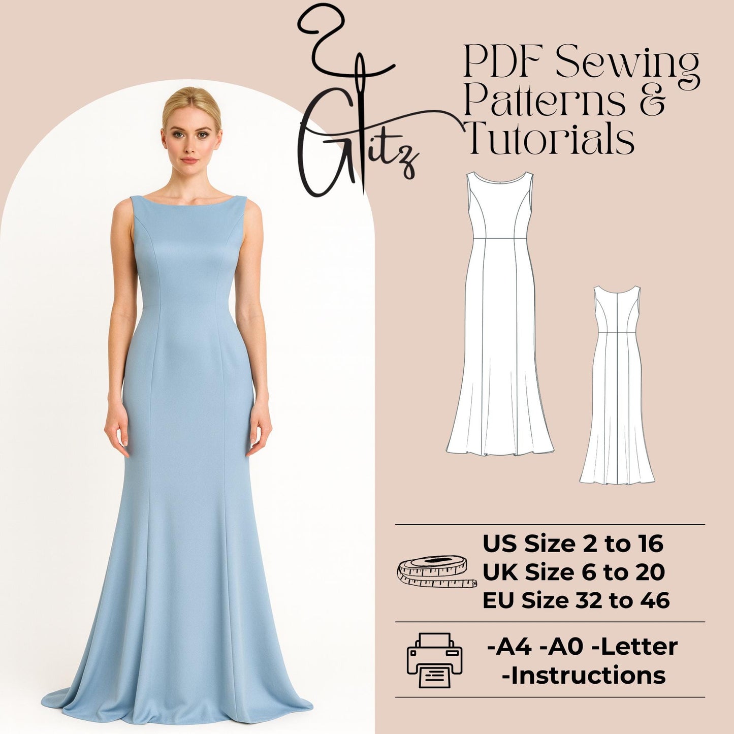 Boat Neck Long Evening Dress Sewing Pattern Mermaid Dress Pattern Long Prom Dress