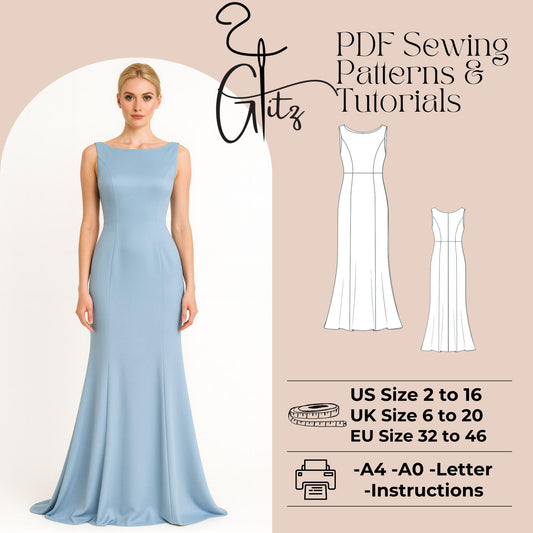 Boat Neck Long Evening Dress Sewing Pattern Mermaid Dress Pattern Long Prom Dress