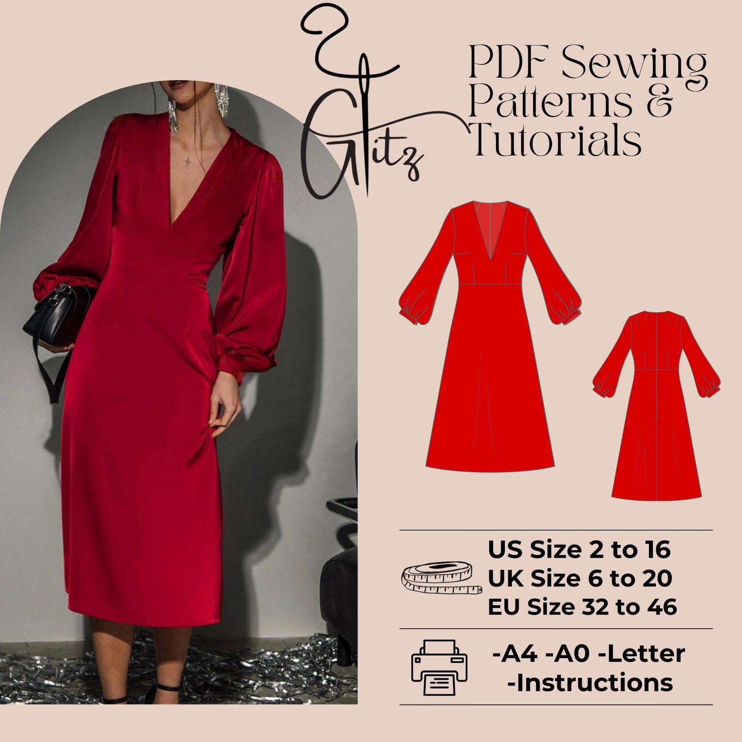 Satin A Line V Neck Midi Cocktail Dress Sewing Pattern Bridesmaid Dress Pattern