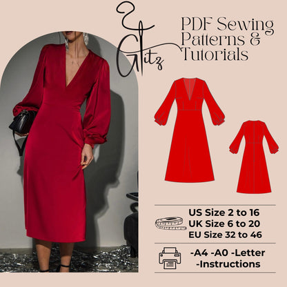 Satin A Line V Neck Midi Cocktail Dress Sewing Pattern Bridesmaid Dress Pattern