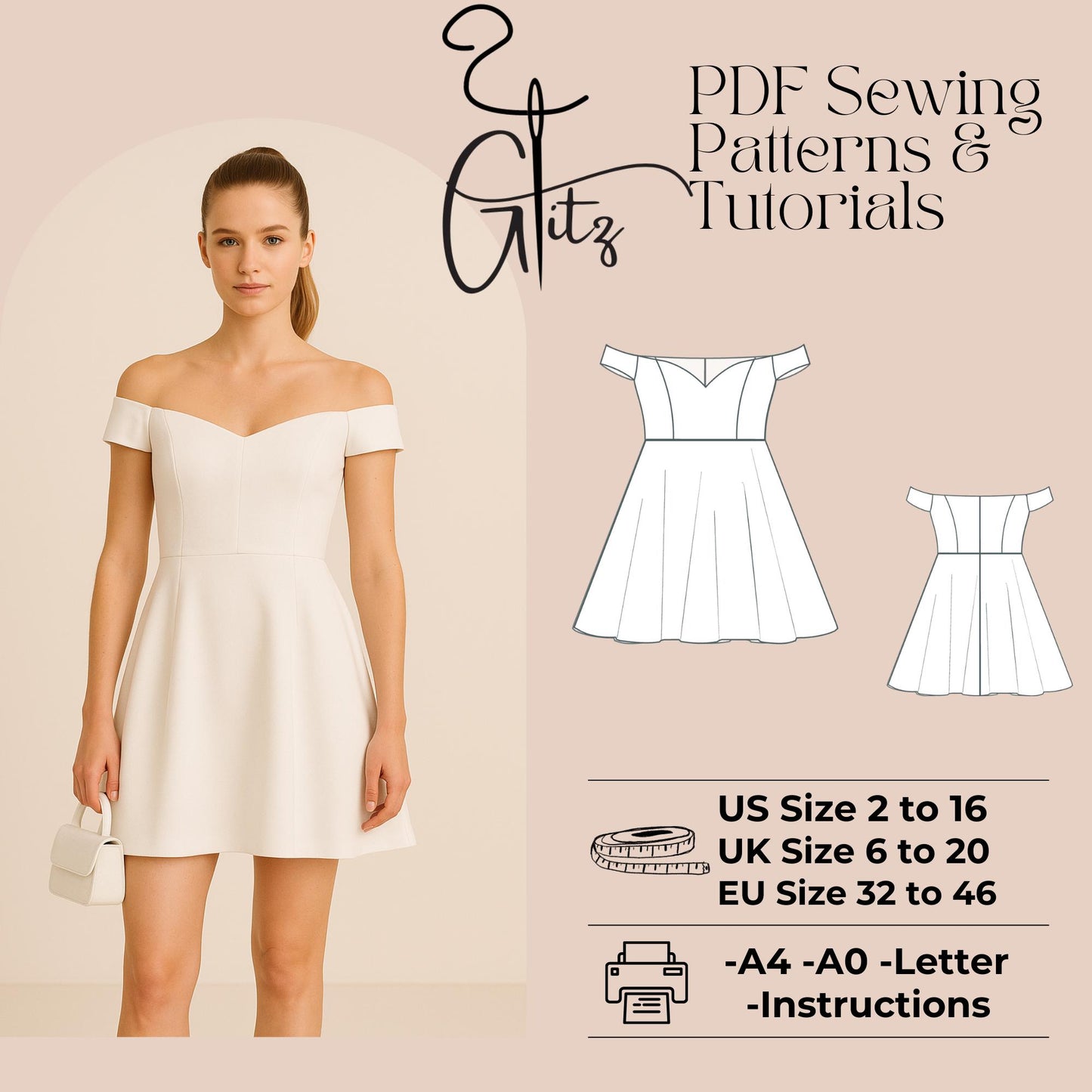 Pearl Off Shoulder Mini Bridal Dress Women Dress Patern PDF Digital Pattern