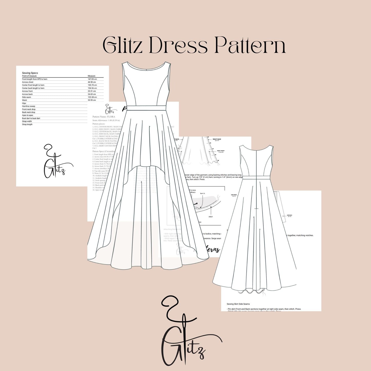 High-Low Wedding Dress Sewing Pattern | Digital PDF | Sleeveless Princess Seam Bridal Gown Prom Dress Ball Gown