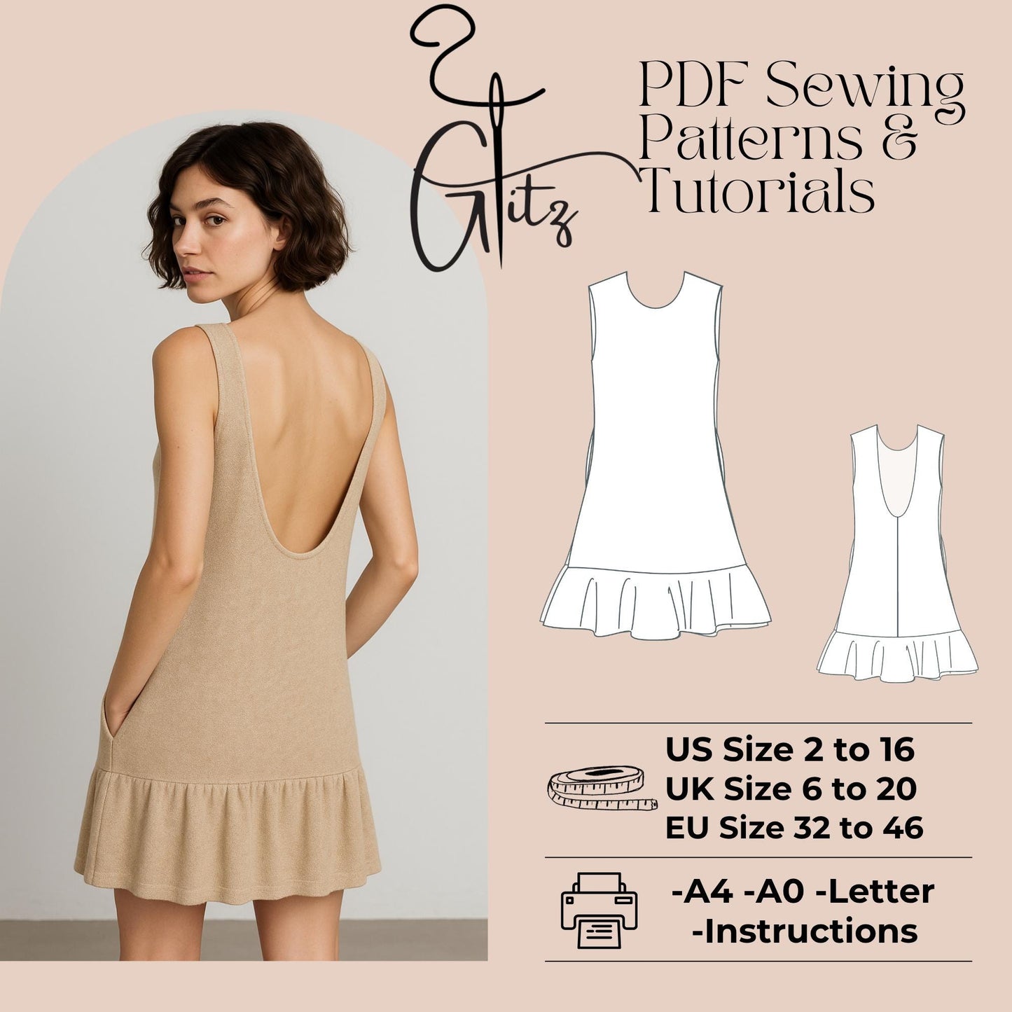 Open Back Dress Sewing Pattern Backless Summer Dress Linen Mini Dress Easy Sewing Pattern