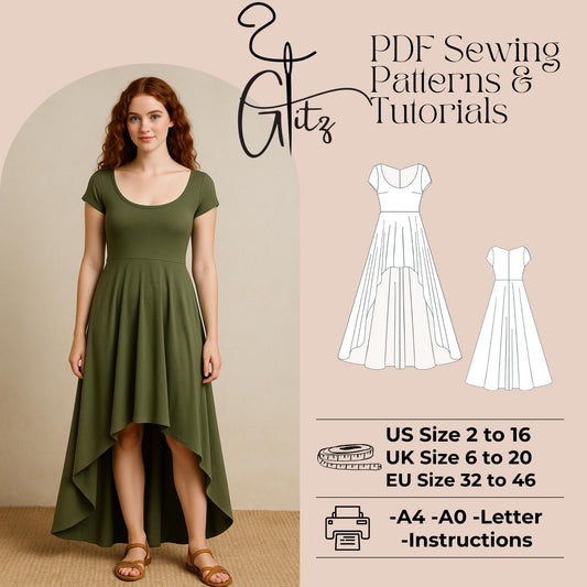 Hi Low Summer Dress Sewing Pattern Wide Collar Short Sleeve Cottagecore Dress Fairy Dress Pattern