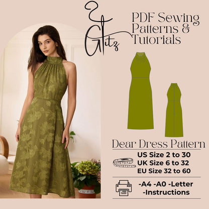 Midi Halter Neck A Line Cocktail Dress Digital Sewing Pattern PDF Plus Size Dress Pattern for Women
