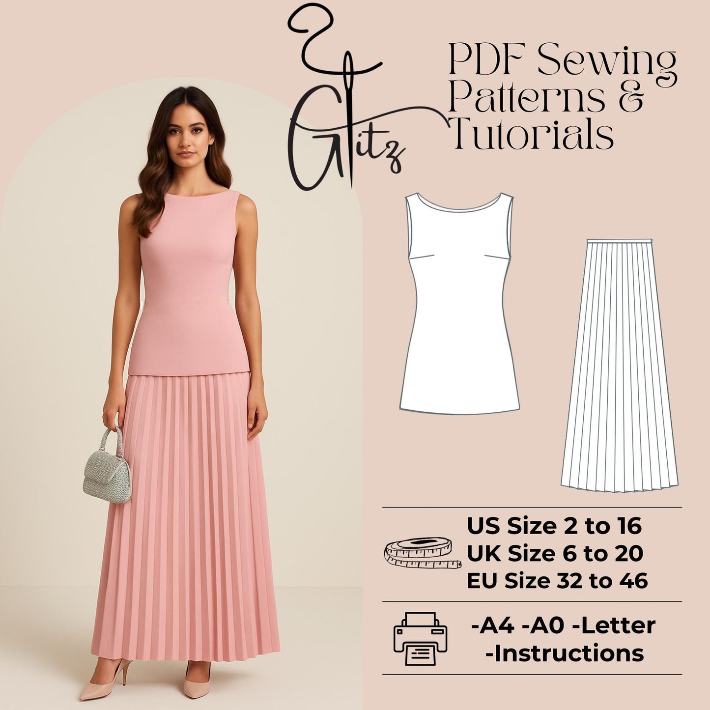 Elegant Two Piece Outfit | Boat Neck Top and Pleated Skirt Set Sewing Pattern | Sleeveless Blouse & Maxi Skirt | Minimalist Summer Set