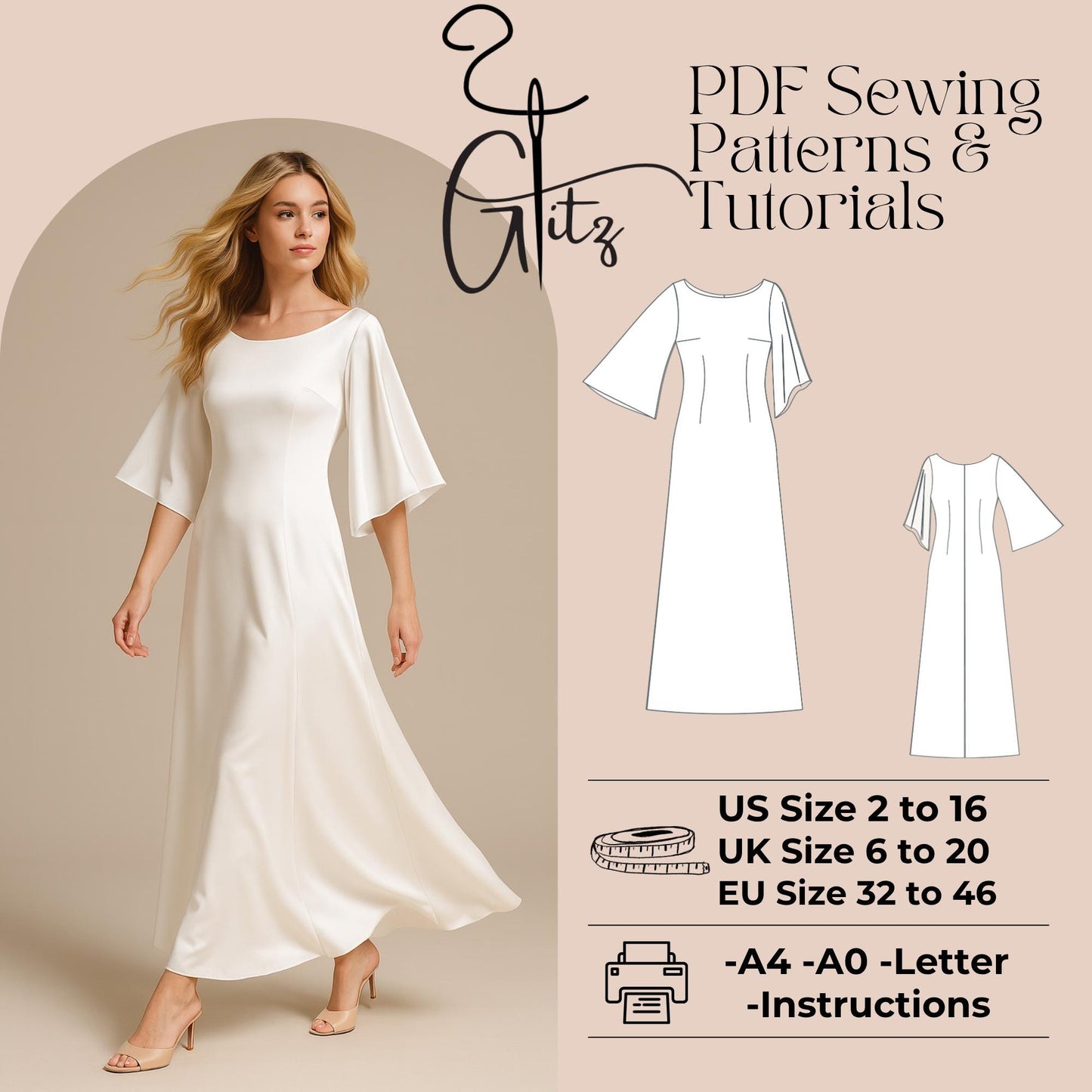 Flared Sleeve Dress Boat Neck Long Satin Evening Dress Sewinf Pattern Simple Bridal Dress