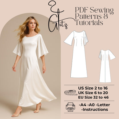 Flared Sleeve Dress Boat Neck Long Satin Evening Dress Sewinf Pattern Simple Bridal Dress