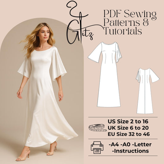 Flared Sleeve Dress Boat Neck Long Satin Evening Dress Sewinf Pattern Simple Bridal Dress