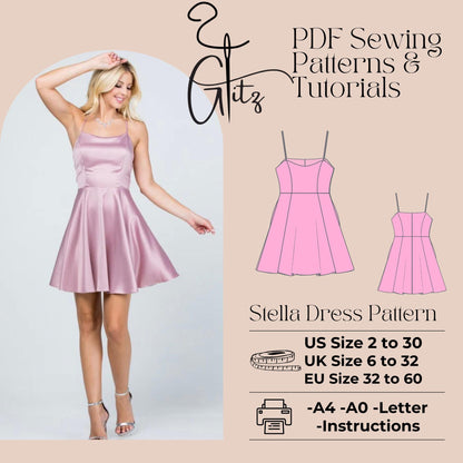 Strappy Mini Dress Sewing Pattern Flared Mini Prom Dress Digital Pattern PDF US 2-30 size A0 - A4 - LETTER