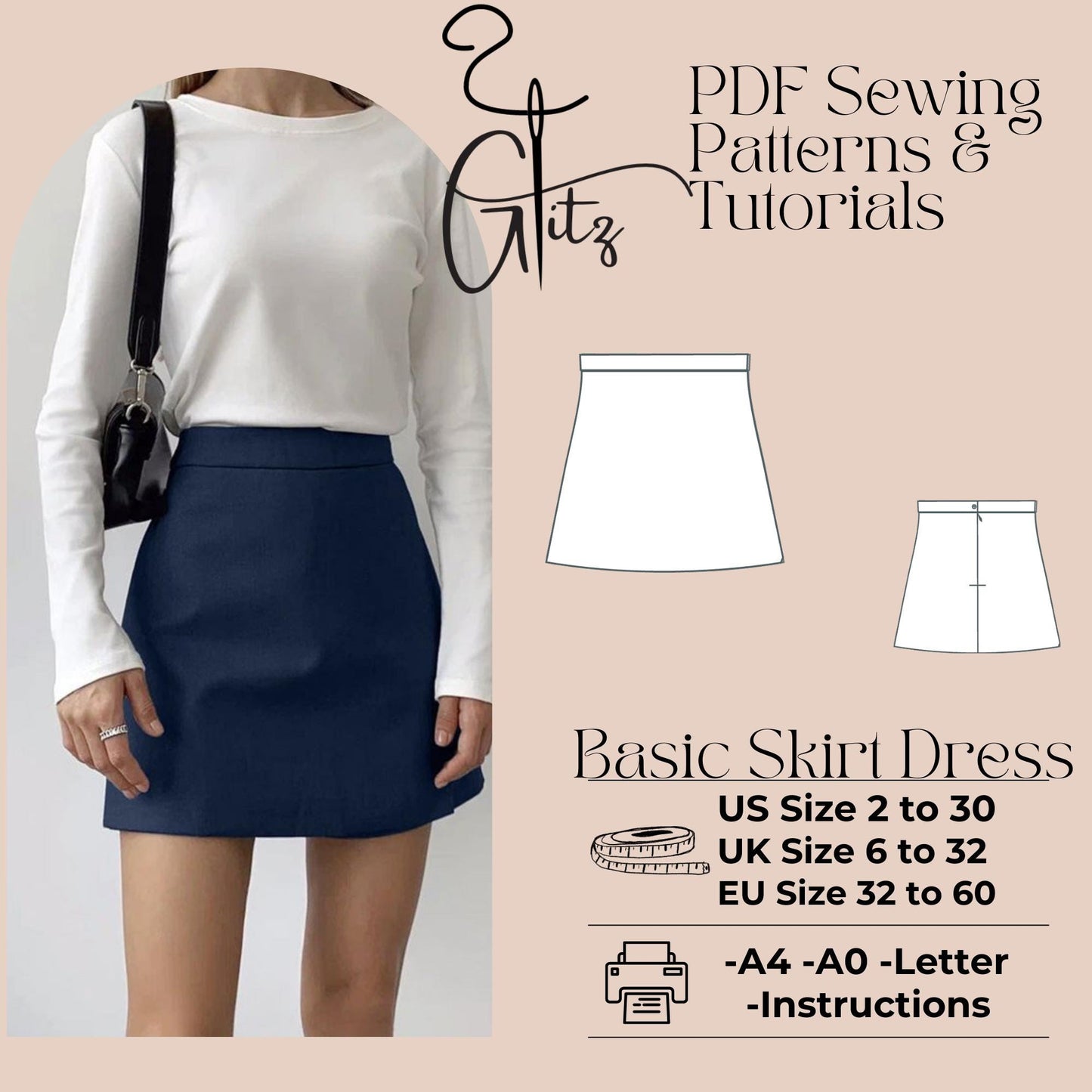 Mini Skirt Sewing Pattern A line Mini Skirt Easy Pattern PDF Digital Pattern