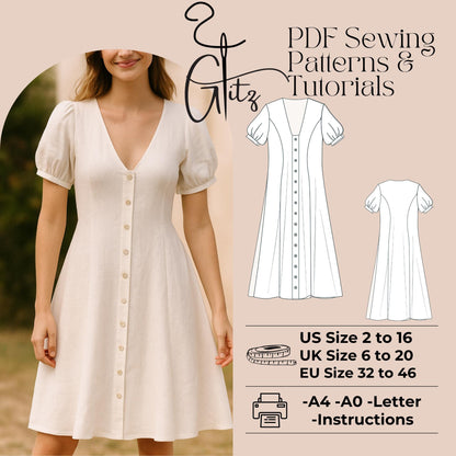 Puff Sleeve Buttoned Dress Sewing Pattern Midi Summer Dress Pattern