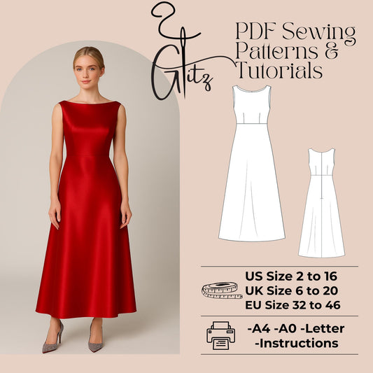 Boat Neck A Line Ankle Length Evening Dress Sewing Pattern Prom Dress Satin Dress Pattern Cocktail Dress
