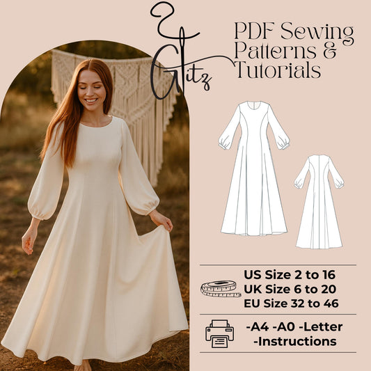 Long Puff Sleeve Boho Dress Sewing Pattern Cottagecore Dress Long Evening Dress