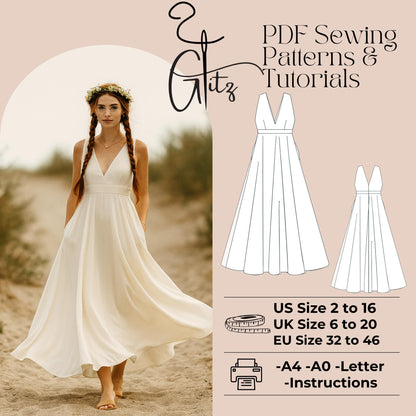 V Neck Maxi Prom Dress Sewing Pattern Boho Bridal Dress Pattern Ball Gown