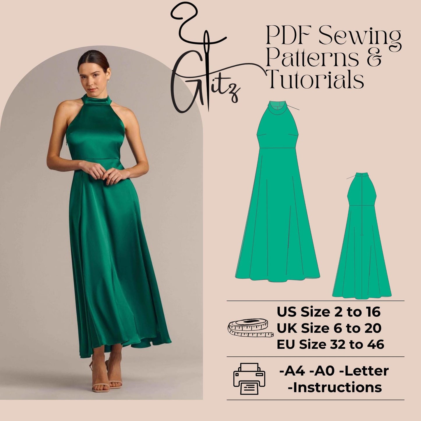 Halter Neck A Line Ankle Length Satin Evening Dress Sewing Pattern Prom Dress Bridesmaid Dress Pattern