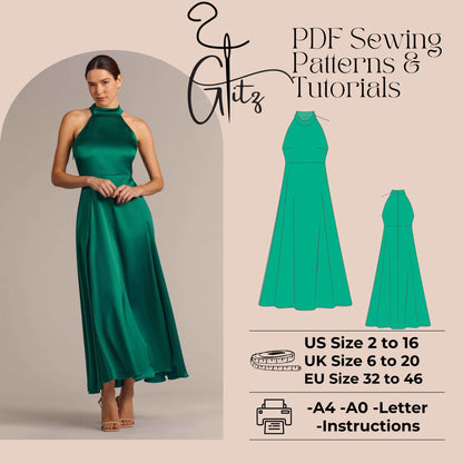 Halter Neck A Line Ankle Length Satin Evening Dress Sewing Pattern Prom Dress Bridesmaid Dress Pattern