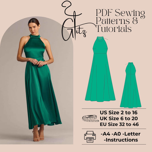 Halter Neck A Line Ankle Length Satin Evening Dress Sewing Pattern Prom Dress Bridesmaid Dress Pattern