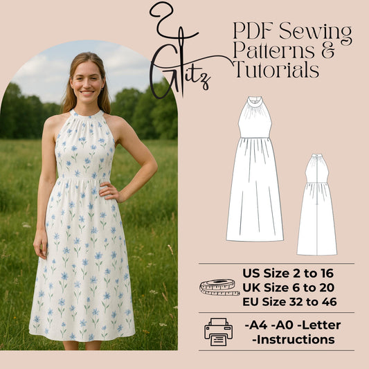 Halter Neck Cottagecore Dress Sewing Pattern Gathered Dress Fairy Dress Summer Dresses Pattern