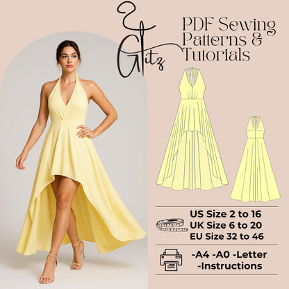 Hi Low Dress Sewing Pattern Evening Dress Halter Neck Dress Pattern Circle Dress Prom Dress