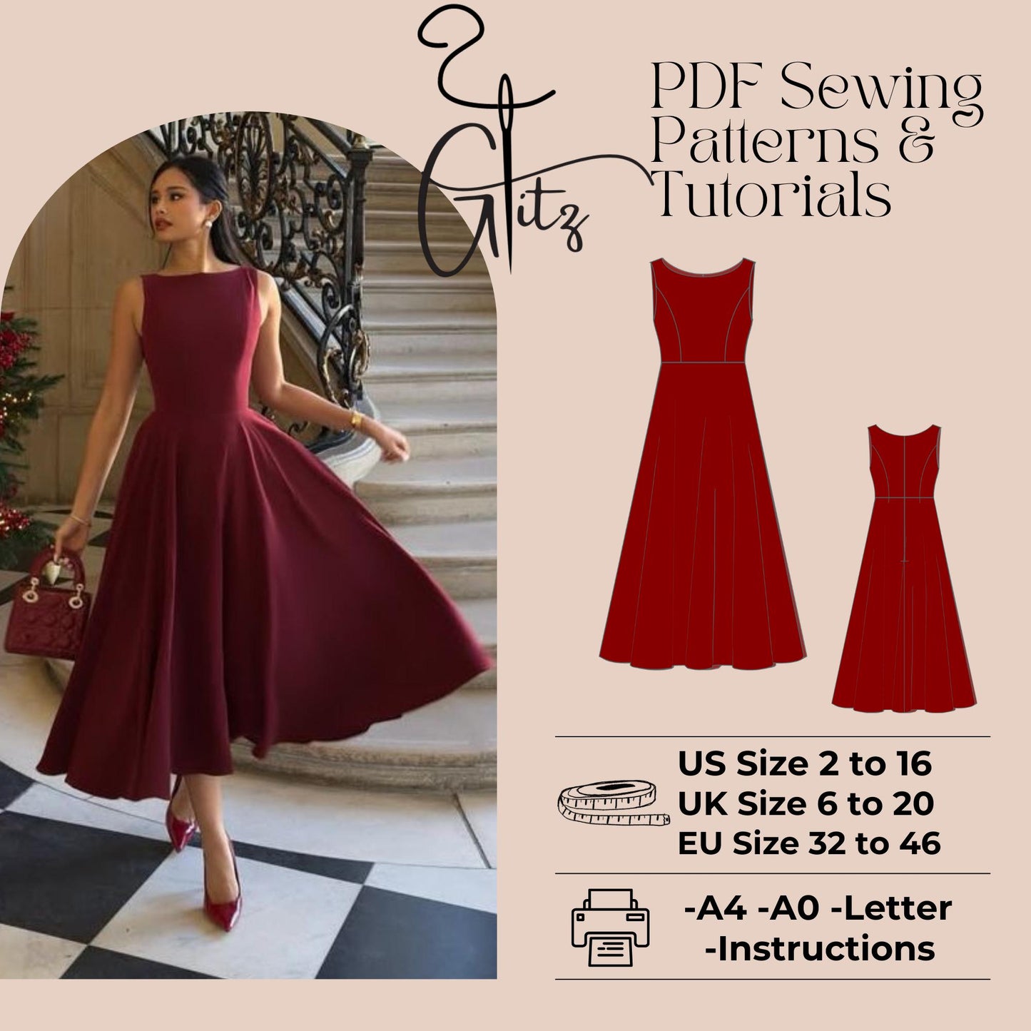 Prom Dress Sewing Pattern Evening Cocktail Circle Dress Pattern Ball Gown Bridal Gown