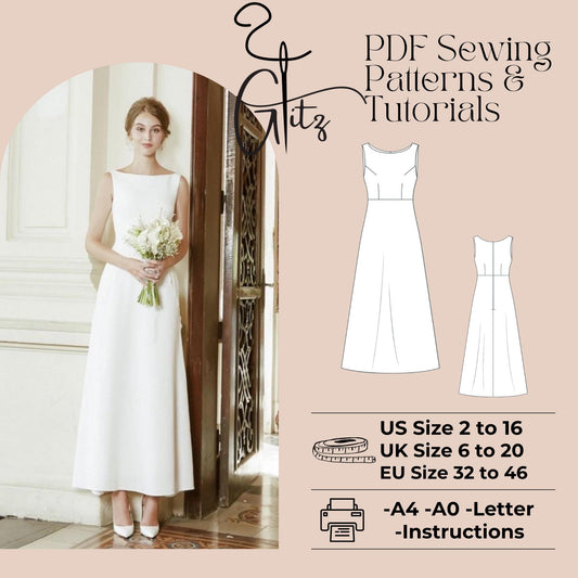 Boat Neck A Line Minimalist Bridal Dress Sewing Pattern PDF Easy Sewing Pattern Cocktail Prom Dress