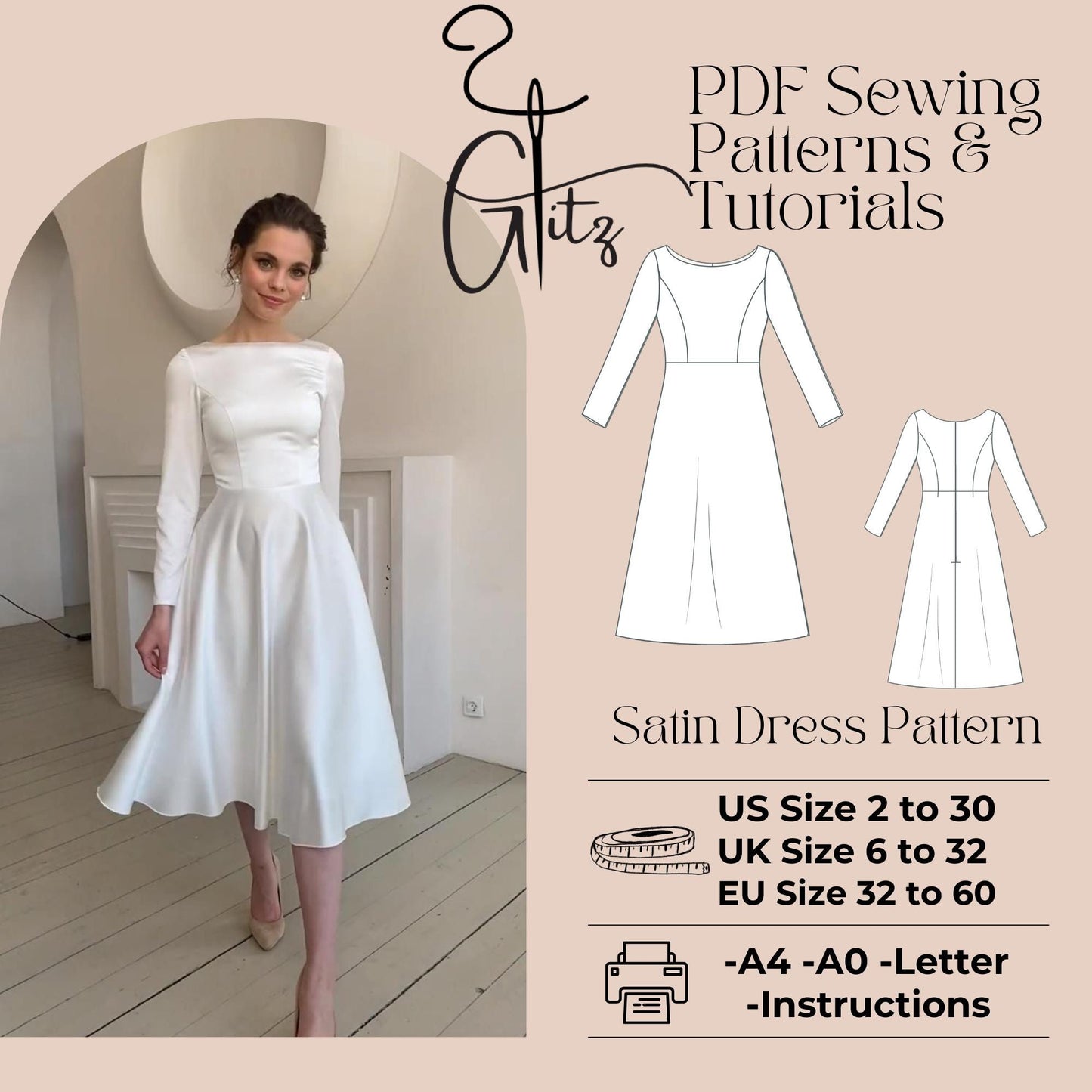 A Line Boat Neck Midi Bridal Party Dress Sewing Pattern PDF Digital Pattern