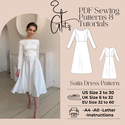 A Line Boat Neck Midi Bridal Party Dress Sewing Pattern PDF Digital Pattern