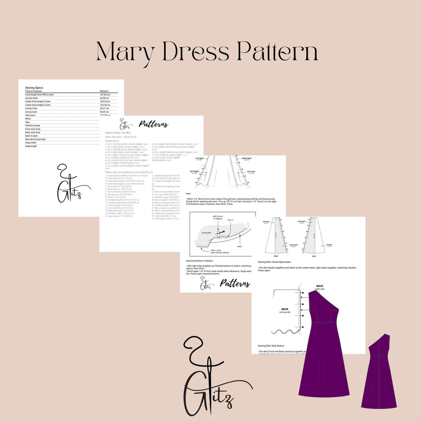 One Shoulder Midi A Line Dress PDF Digital Sewing Pattern US 2 - 30 Size