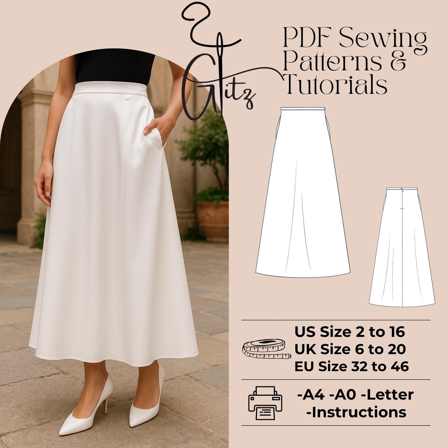 A-Line Midi Skirt Sewing Pattern PDF | Woven Fabric | Invisible Zipper, In-Seam Pockets & Waistband | A4 A0 Letter Files Women Skirt Pattern