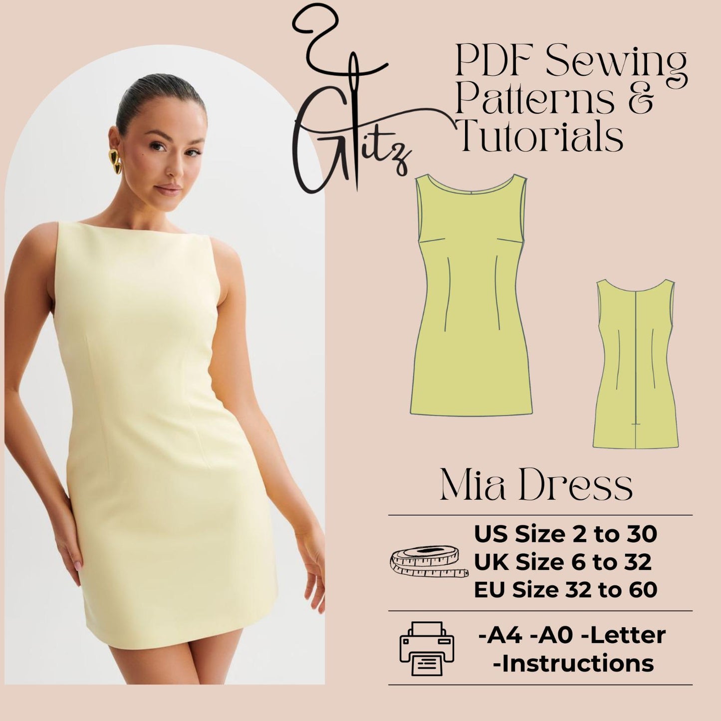 Mia Mini Dress Pattern Boat Neck Dress Evening Cocktail Dress PDF Digital Sewing Pattern