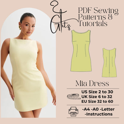 Mia Mini Dress Pattern Boat Neck Dress Evening Cocktail Dress PDF Digital Sewing Pattern