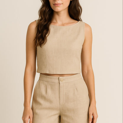 Women’s Two Piece Sewing Pattern PDF | Crop Top & High Waist Shorts | Linen Summer Set | A4 A0 Letter | US 2–16 , Boat Neck Crop Top