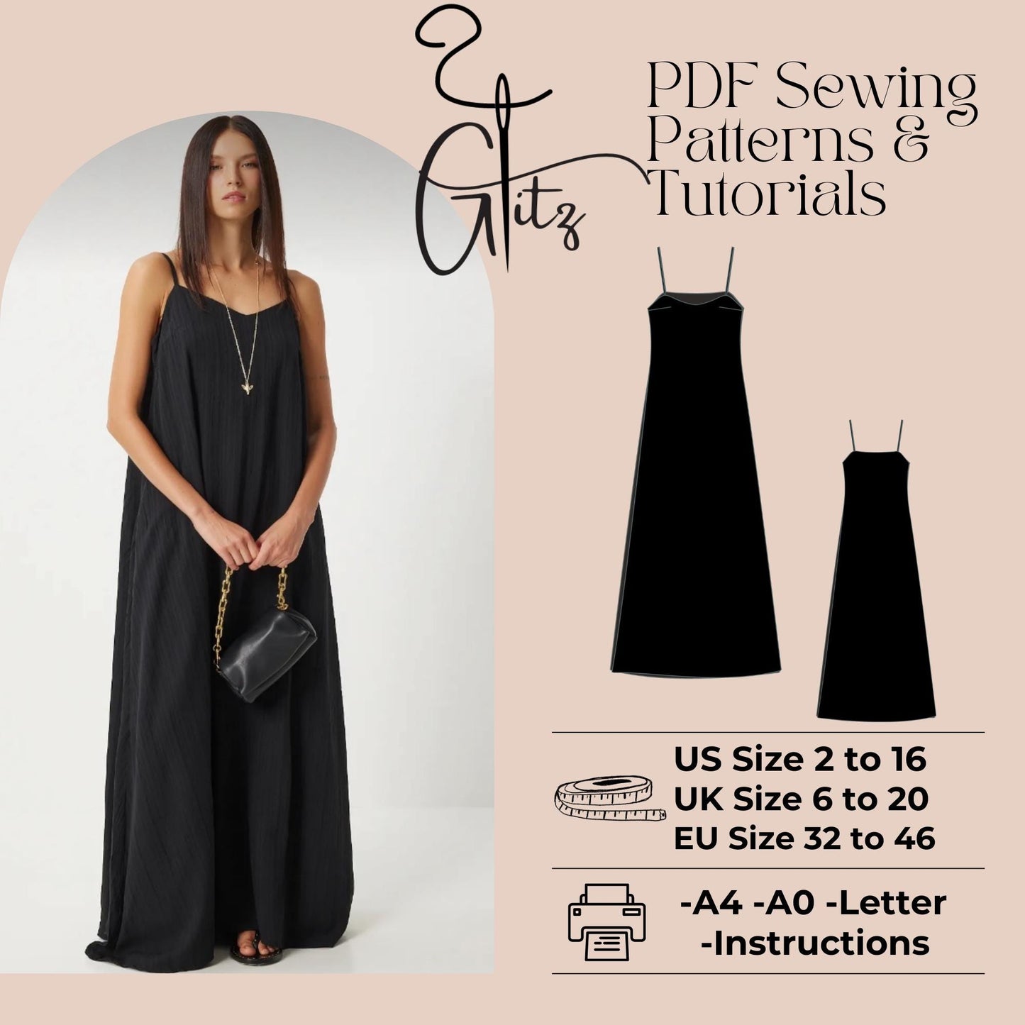 Thin Strap Linen Maxi Summer Dress Sewing Pattern Loose Dress Pattern PDF Easy Dress Pattern