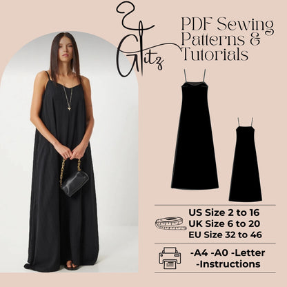 Thin Strap Linen Maxi Summer Dress Sewing Pattern Loose Dress Pattern PDF Easy Dress Pattern