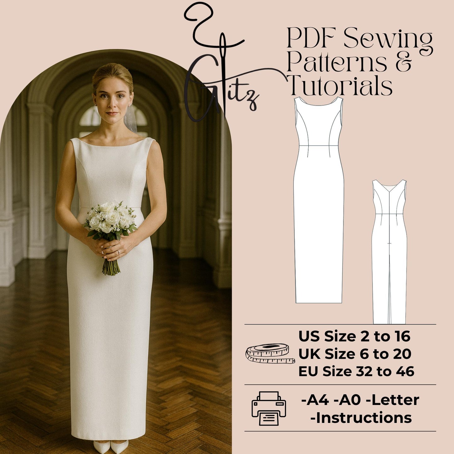 Boat Neck Pencil Bridal Dress Sewing Pattern Simple Bridal Dress Pencil Evening Dress Pattern Elegant Dress
