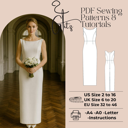 Boat Neck Pencil Bridal Dress Sewing Pattern Simple Bridal Dress Pencil Evening Dress Pattern Elegant Dress
