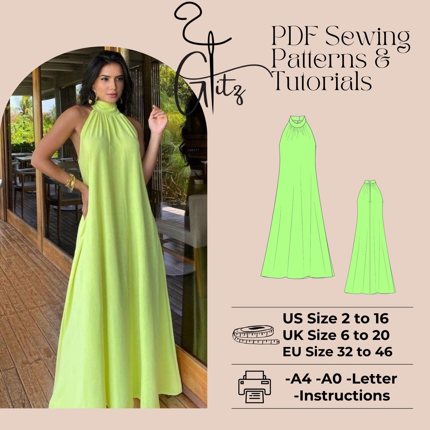 Halter Neck Maxi Summer Dress Sewing Pattern Long Tent Dress Maxi Evening Dress Pattern Easy Sewing Pattern