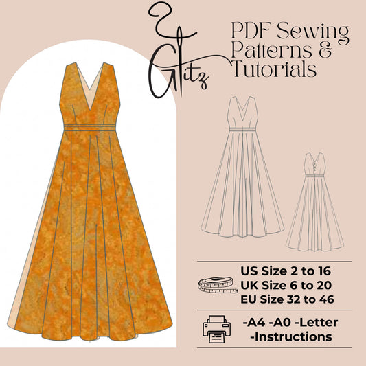 V Neck Maxi Ball Gown Sewing Pattern Summer Wedding Dress Bridesmaid Dress Maxi Prom Dress Circle Dress Digital Sewing Pattern